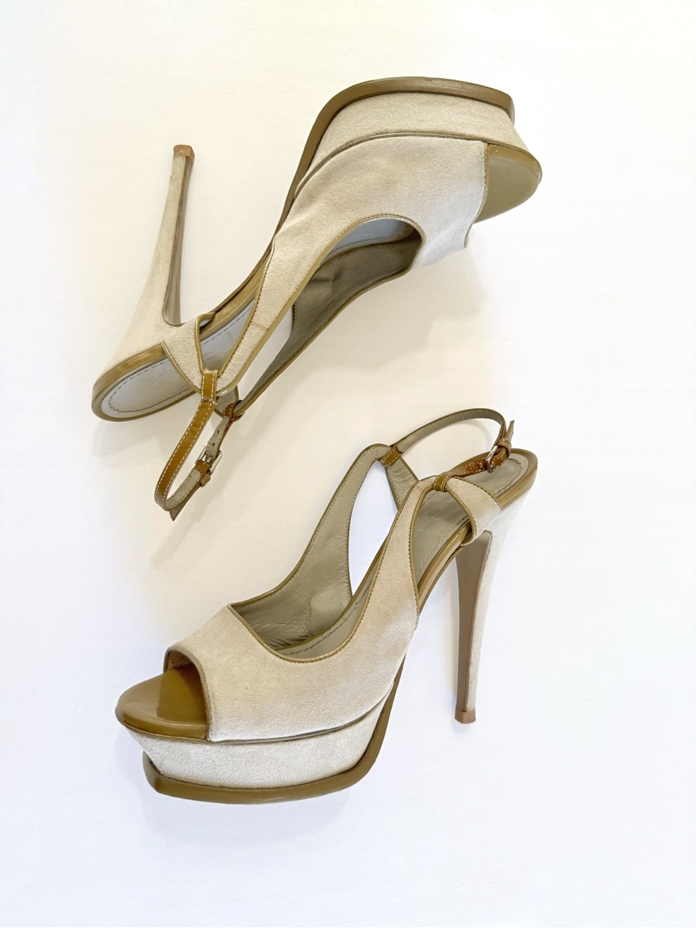 YSL YVES SAINT LAURENT GRAY SUEDE GREEN TRIM PLATFORM TRIBUTE SLINGBACK HEELS - Picture 5 of 13